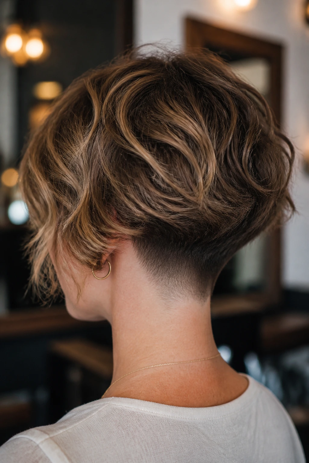 Back view of real woman with nape fade and layered bob