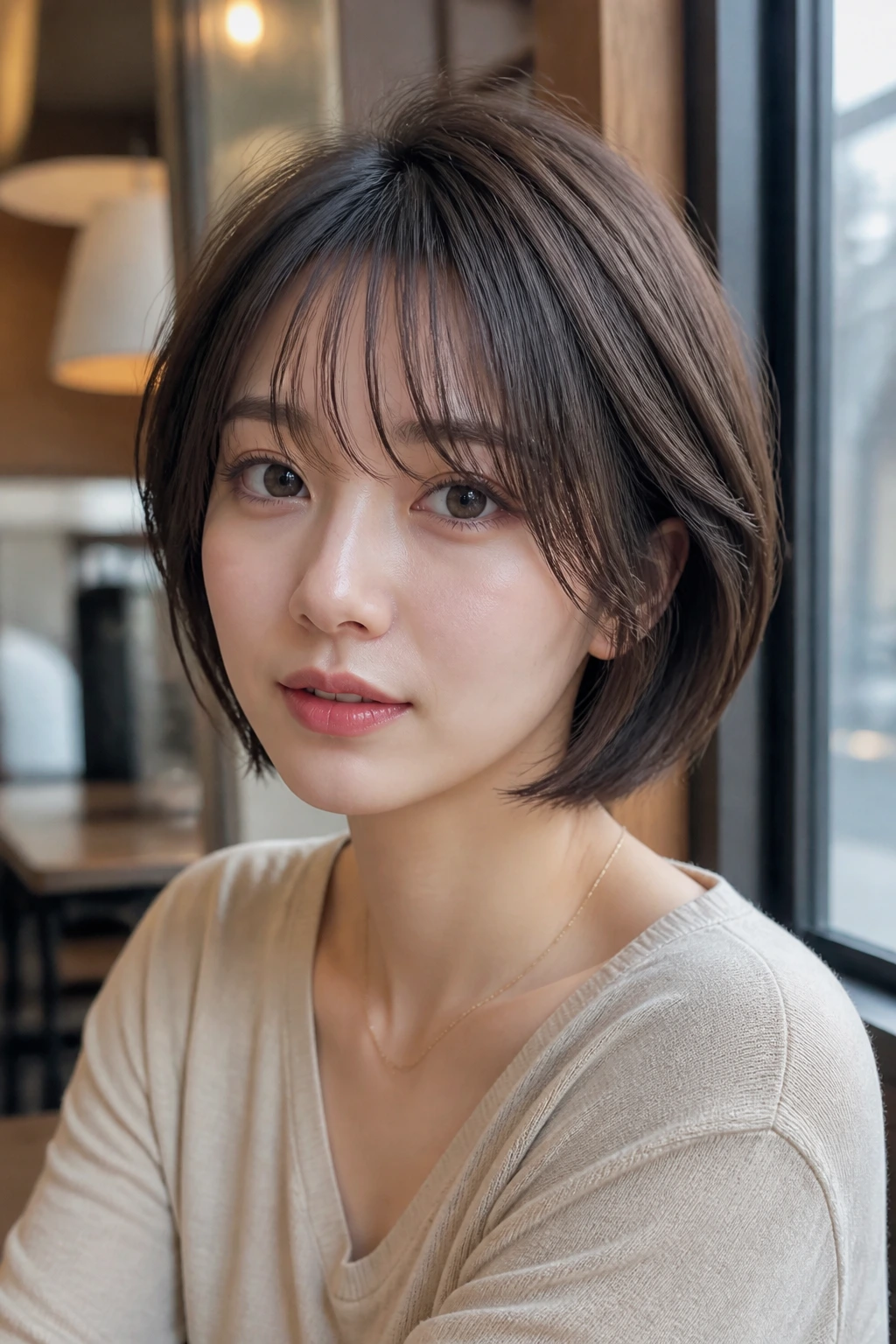 Close-up of a real woman with layered bob and sparse see-through bangs in a cafe setting.