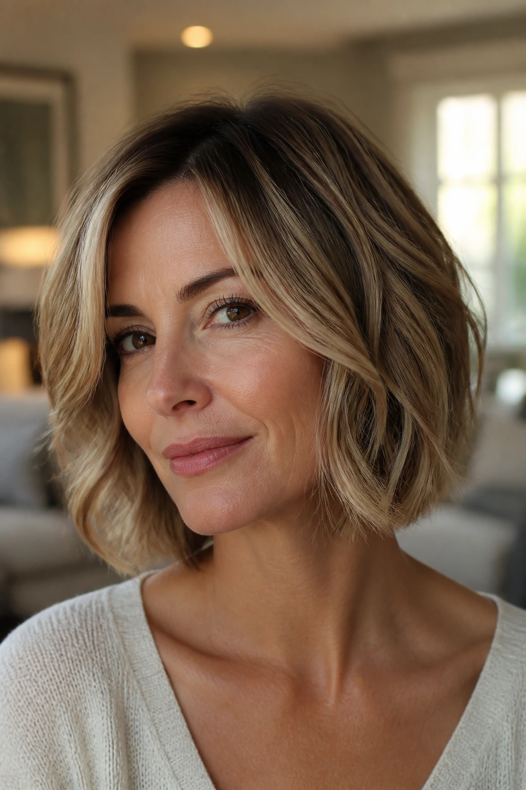 Portrait of a woman with layered bob and soft waves.