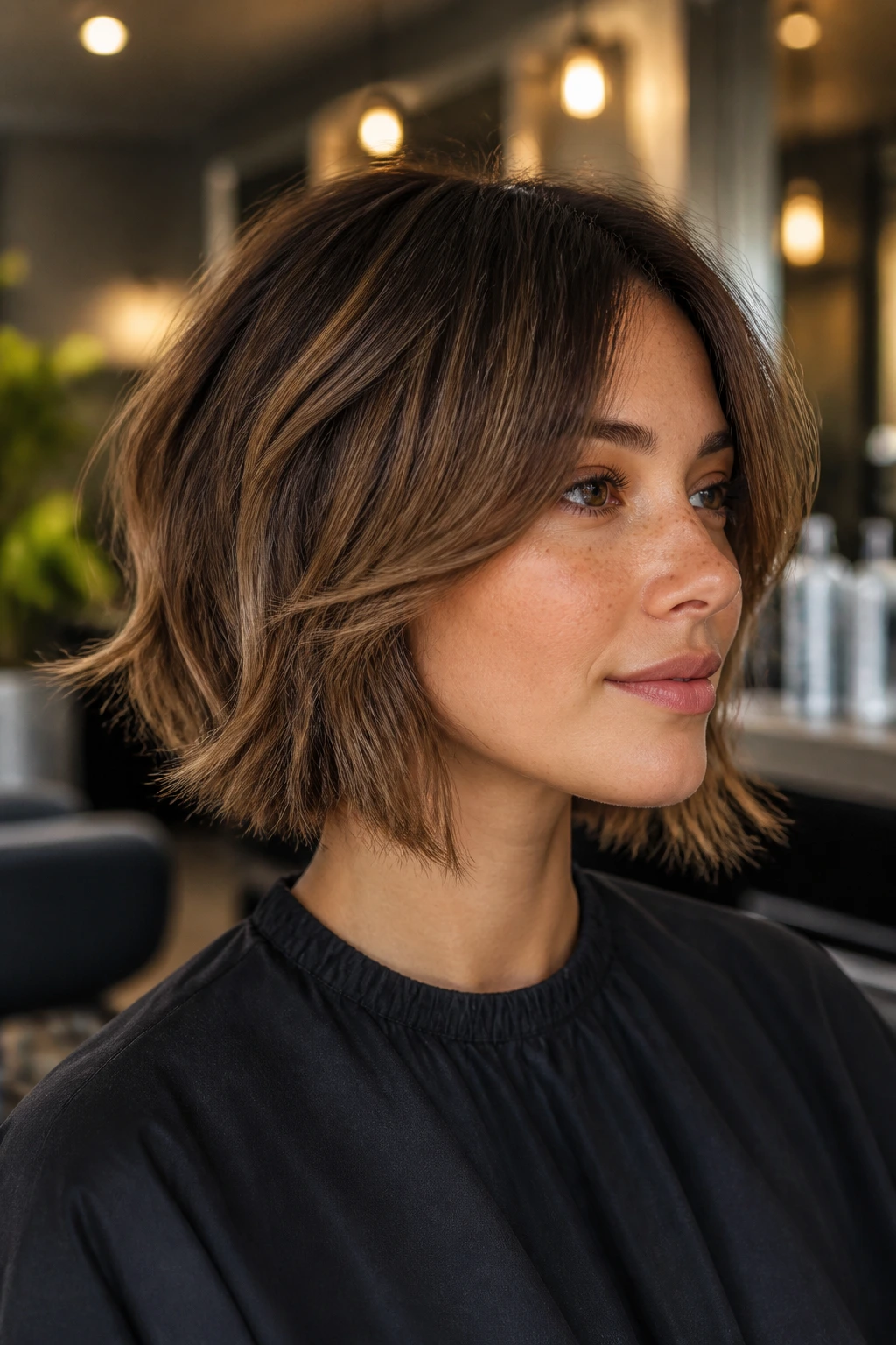 Woman with textured layered bob showing volume and hold