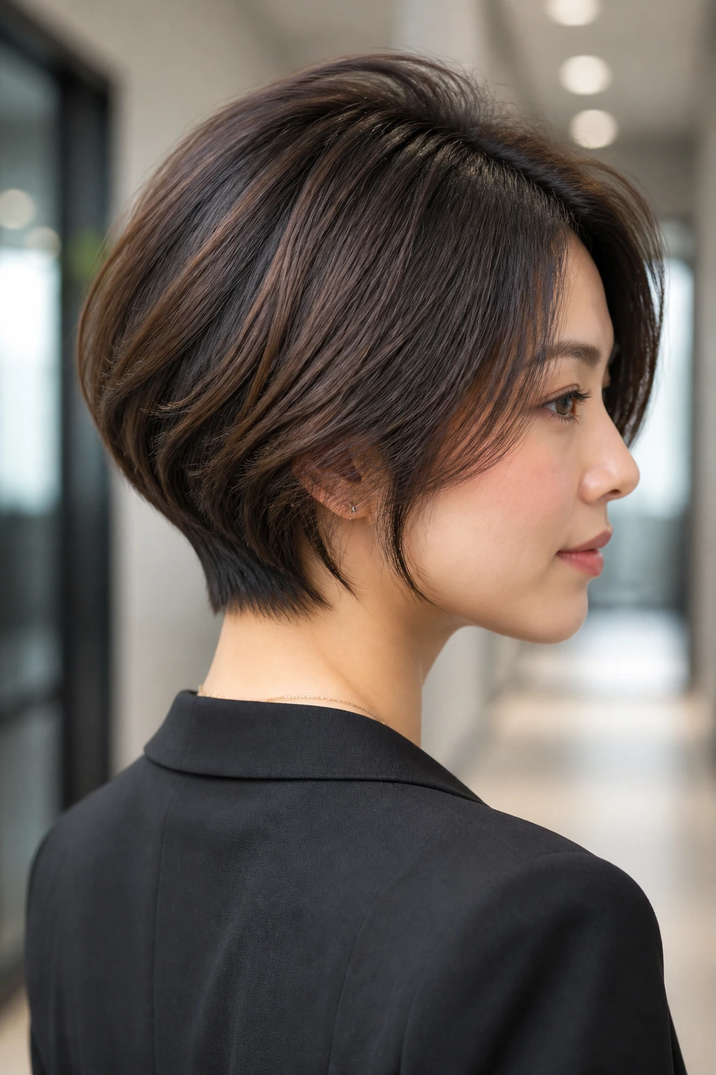 Real woman with layered bob and tapered nape in daylight corridor