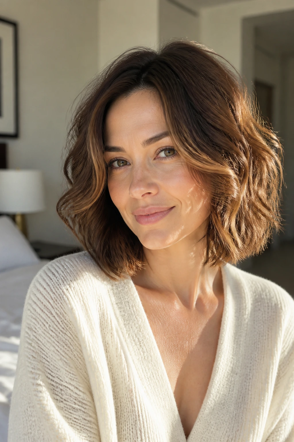 Close-up of a real woman with softly layered bob and large waves in warm window light