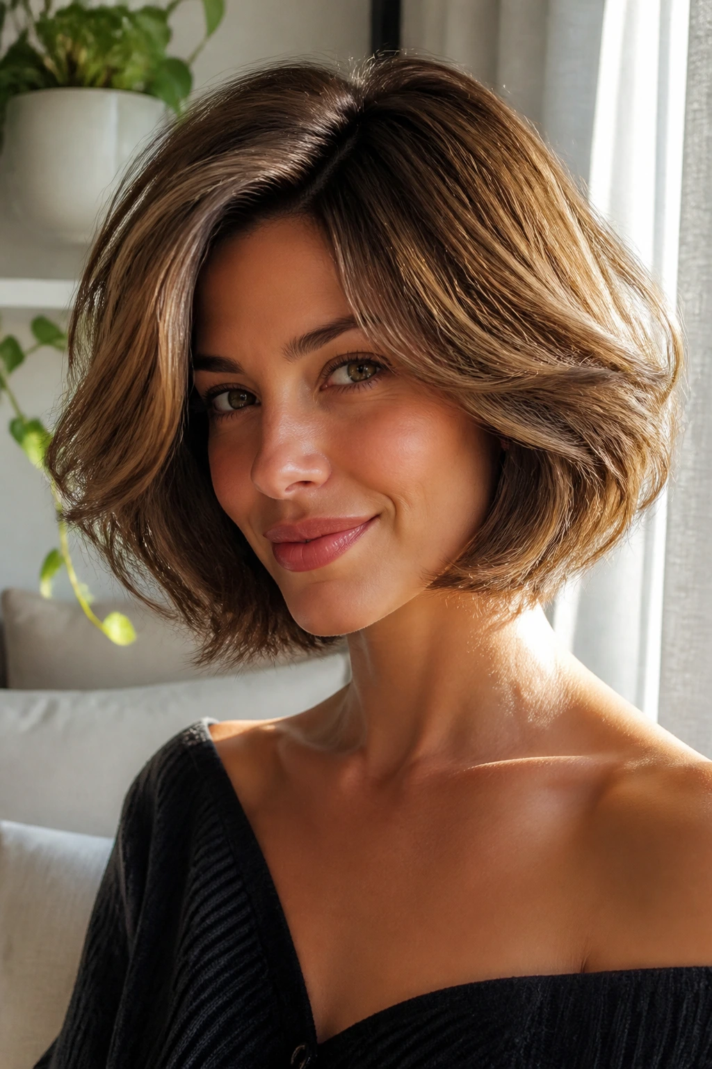Portrait of a real woman in a layered voluminous bob wig in a sunlit living room.