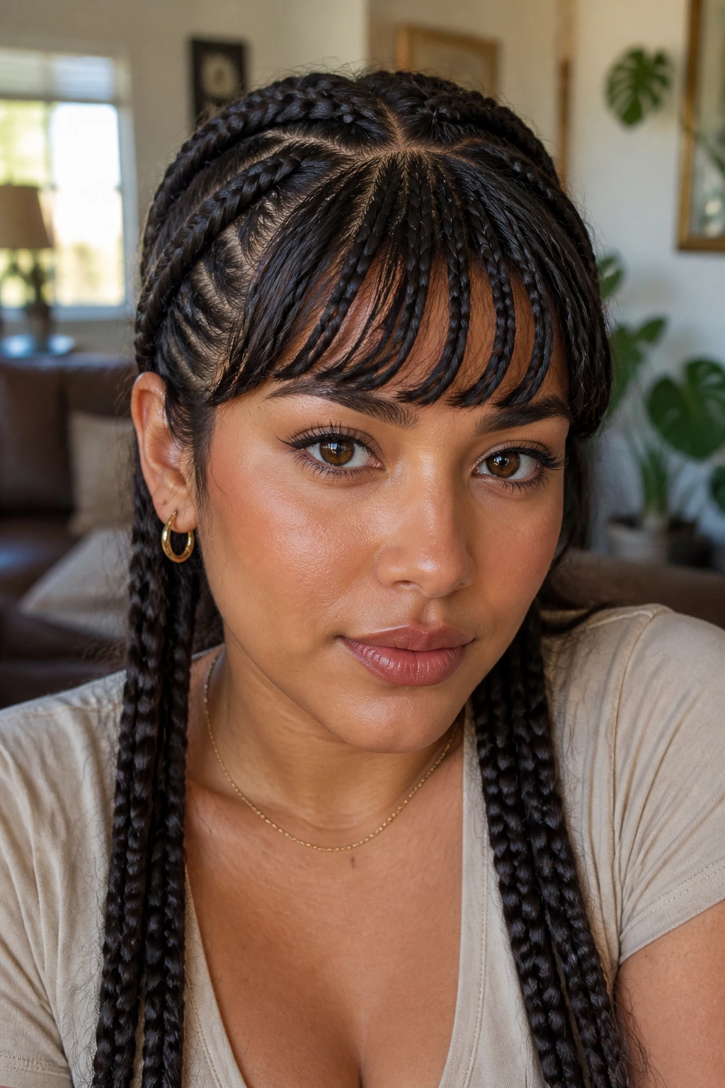 Real woman with layered braids tucking bangs into the weave, natural light
