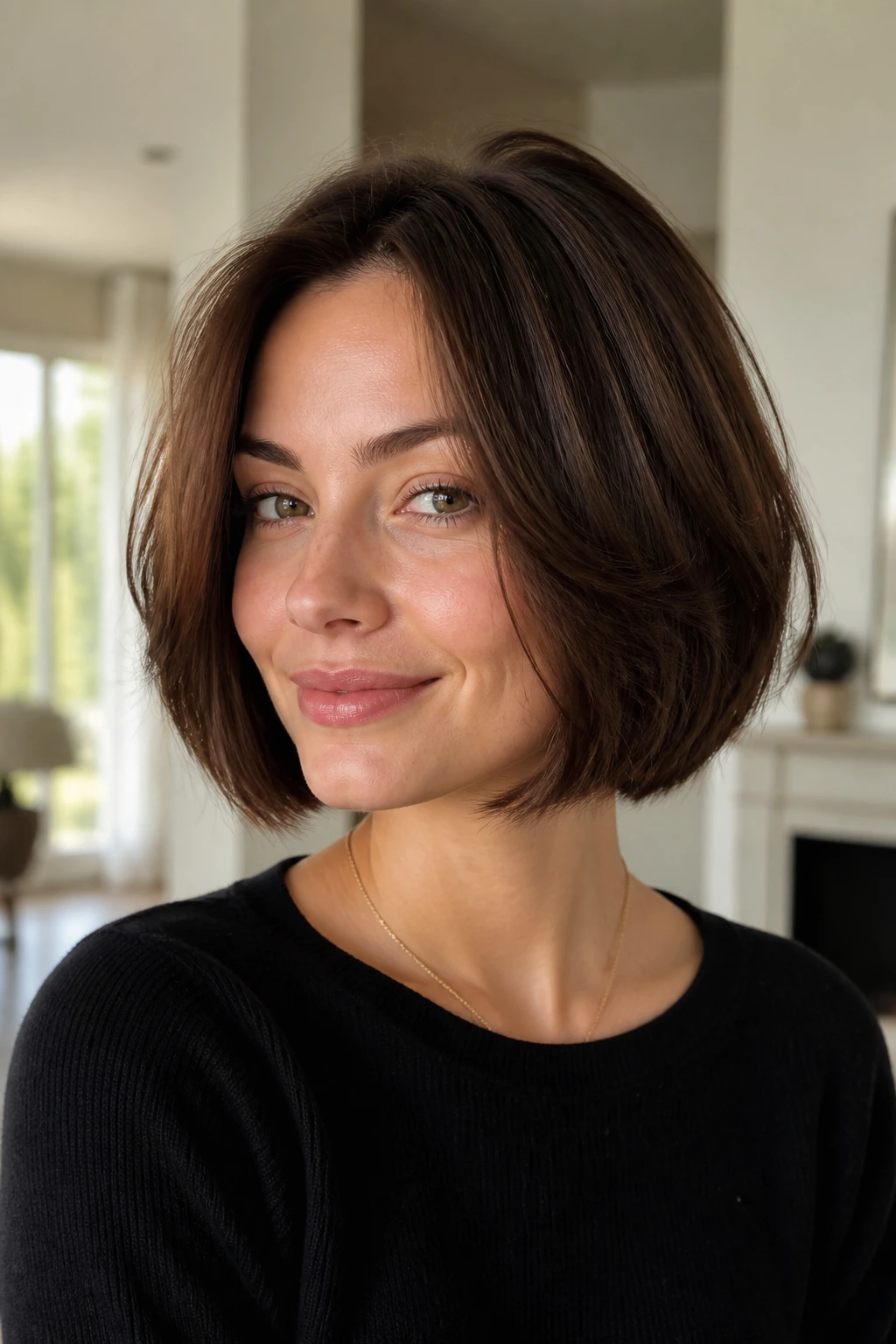 Close-up portrait of a person with a layered chin-length bob.