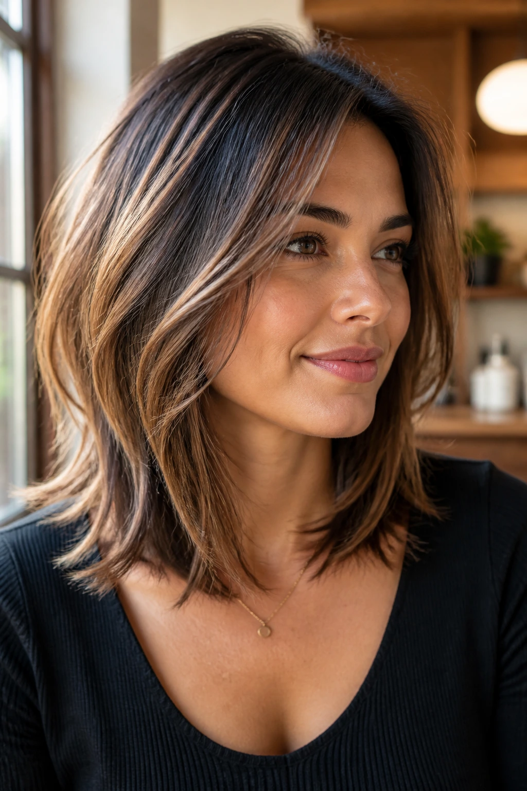 Close-up of a real woman with a layered collarbone-length haircut in a warm salon.