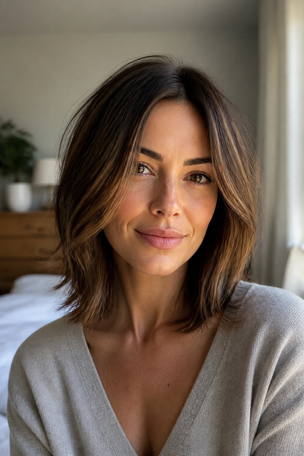 Close-up of a woman with a collarbone-length layered cut and long invisible layers.