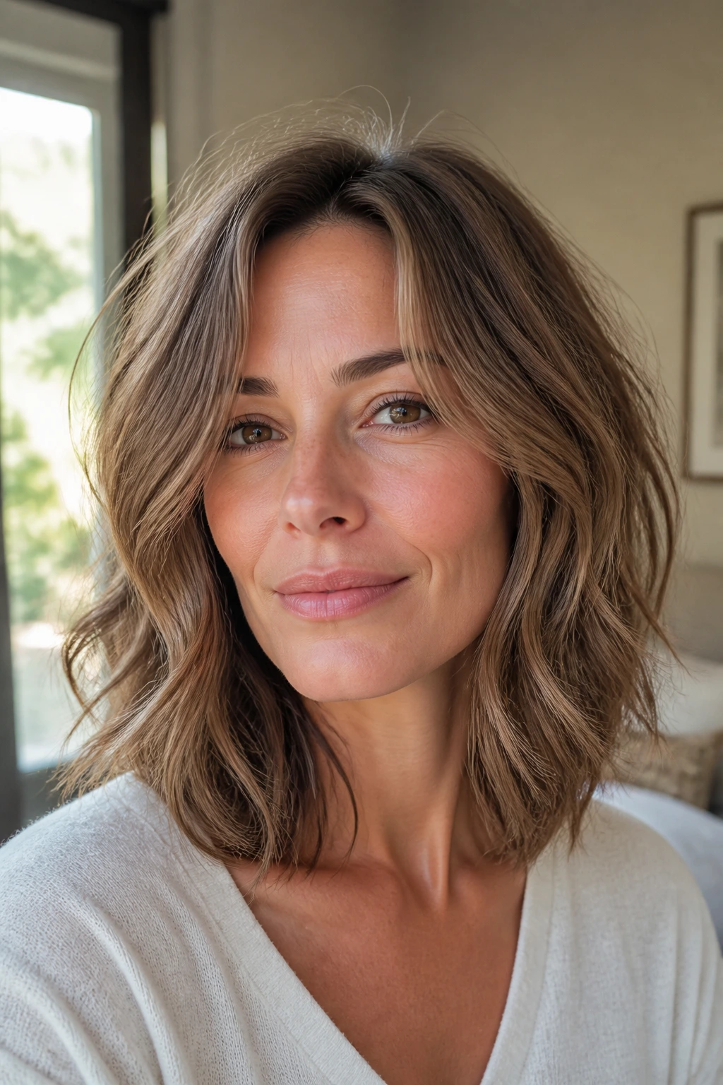Portrait of a real woman with a layered collarbone cut and soft waves.