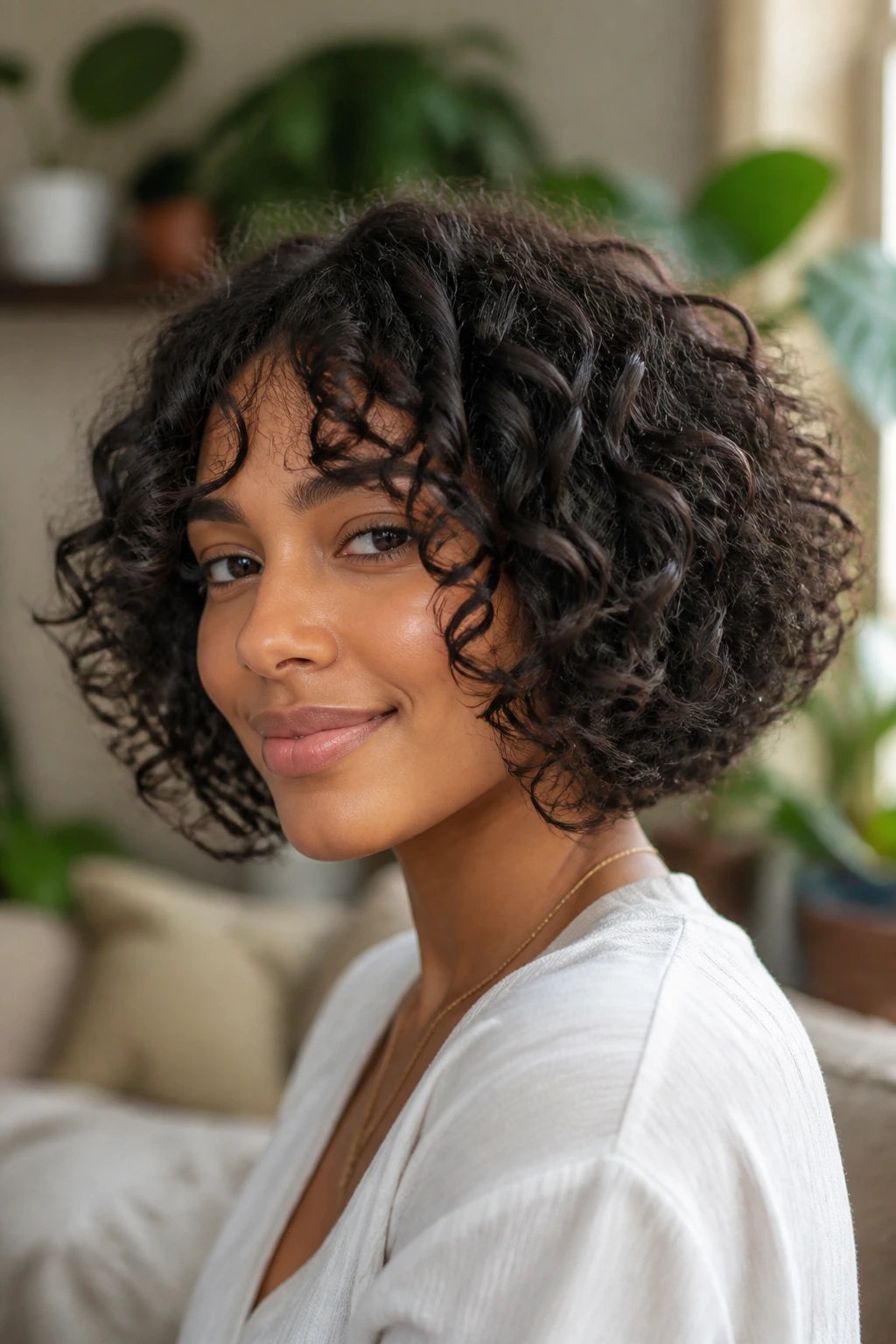 Portrait of person with layered curl-framing bob and face-framing curls in soft daylight