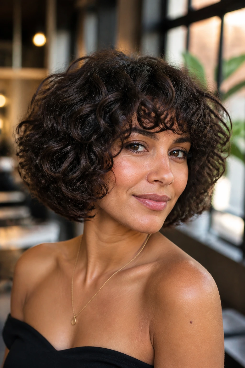 Close-up of layered curly bob with fringe on a real person, salon setting