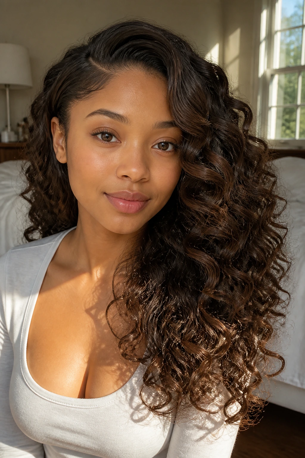 Portrait of a real woman with layered curls and a side part.