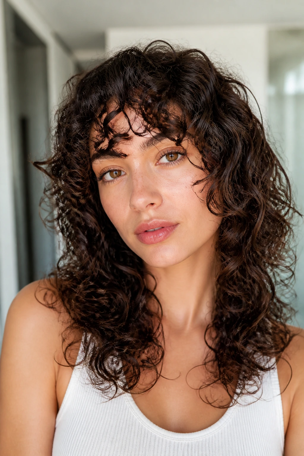 Close-up of a real woman with springy layered curly bangs