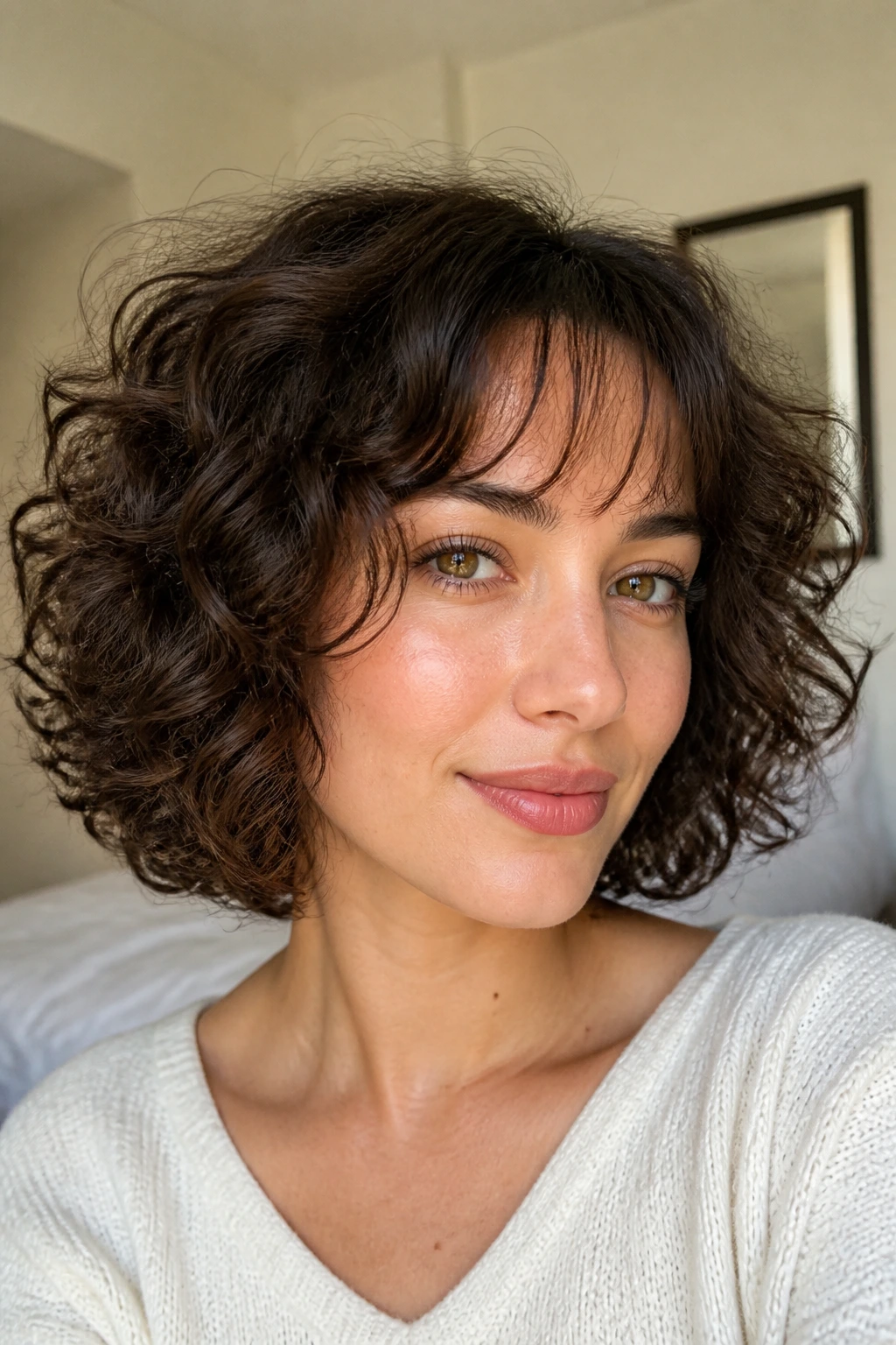 Close-up of a real woman with layered curly bob and see-through bangs in soft window light