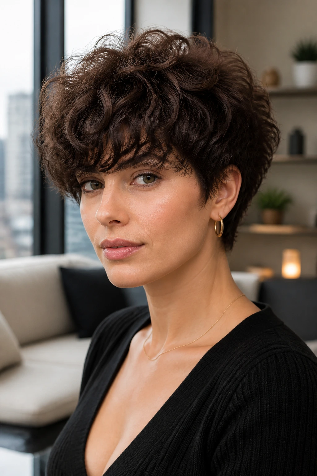 Close-up of a person with layered curly wedge and eyebrow-grazing fringe