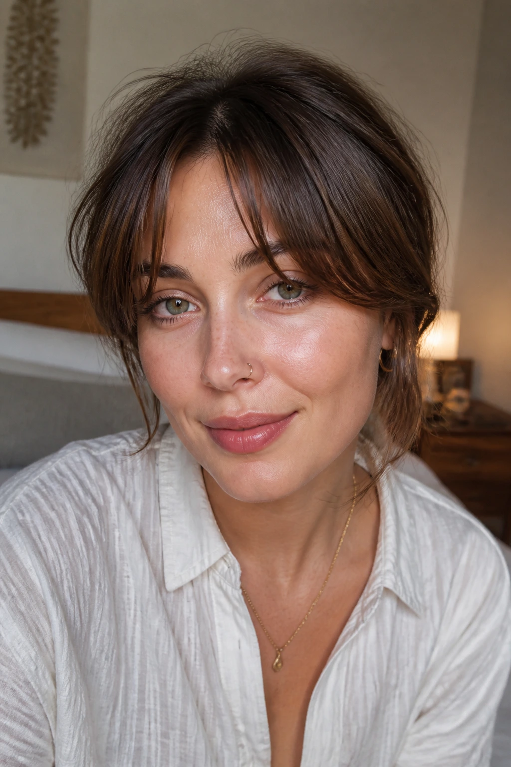 Close-up of a woman with layered mini curtain bangs and temple volume in a softly lit bedroom.
