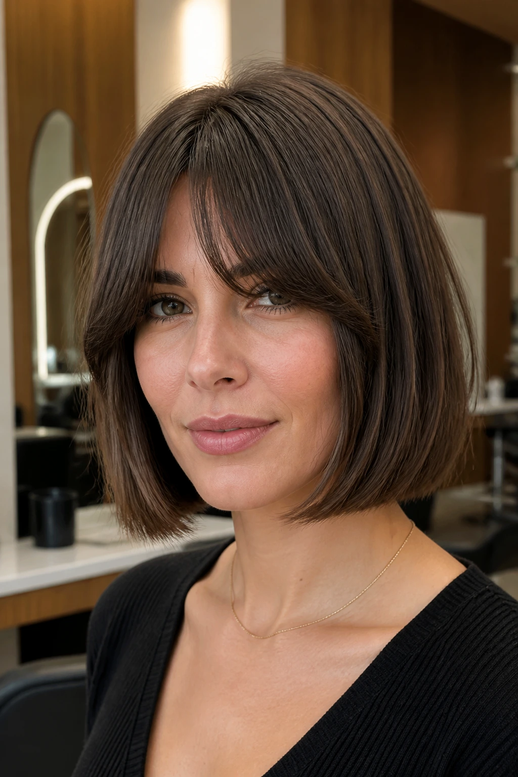 Close-up of a real woman with layered-end bob and heavy base bangs