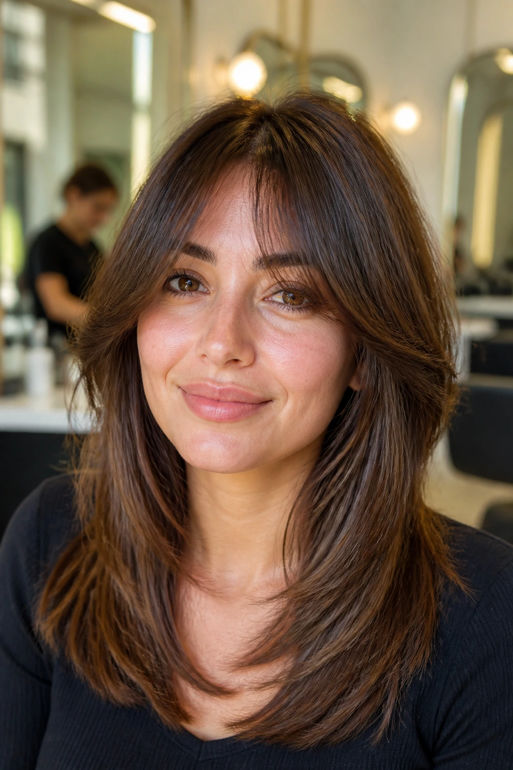Close-up portrait of a real woman with layered face-framing fringe in a sunny salon