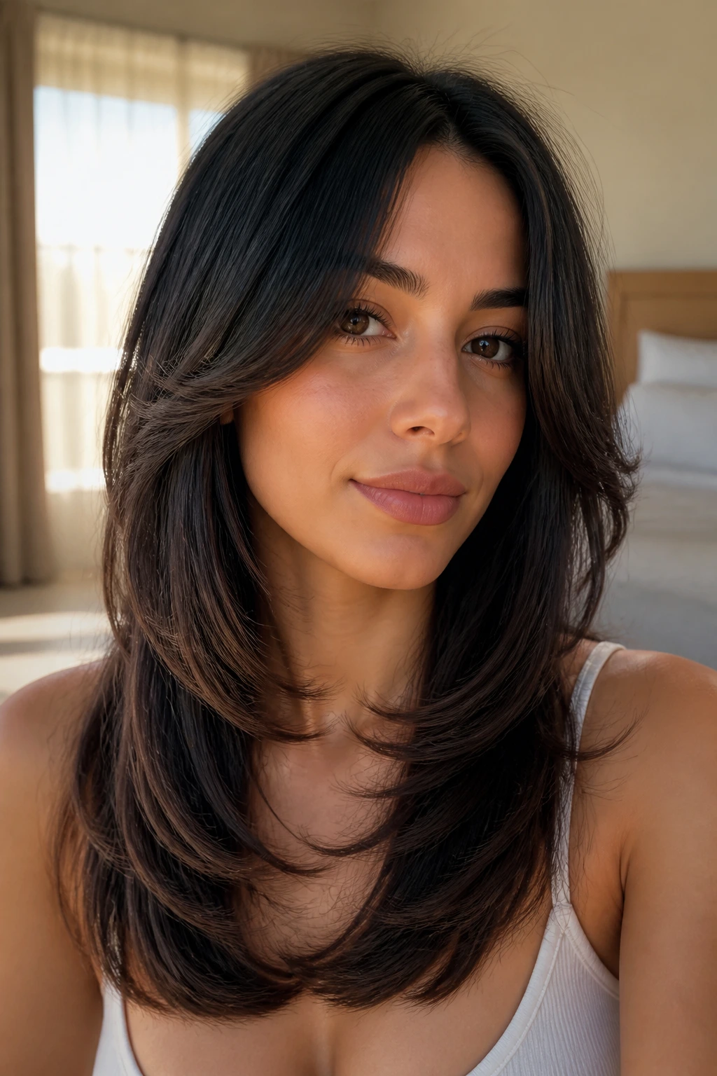 Close-up of a real woman with chin-to-chest layered front pieces flipping outward to frame the face, warm bedroom light