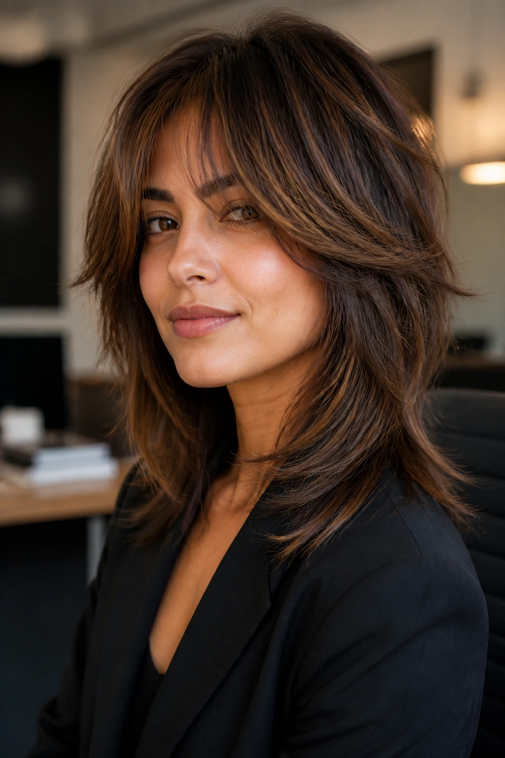 Close-up of a real person with feathered razor-cut layers in a modern office.