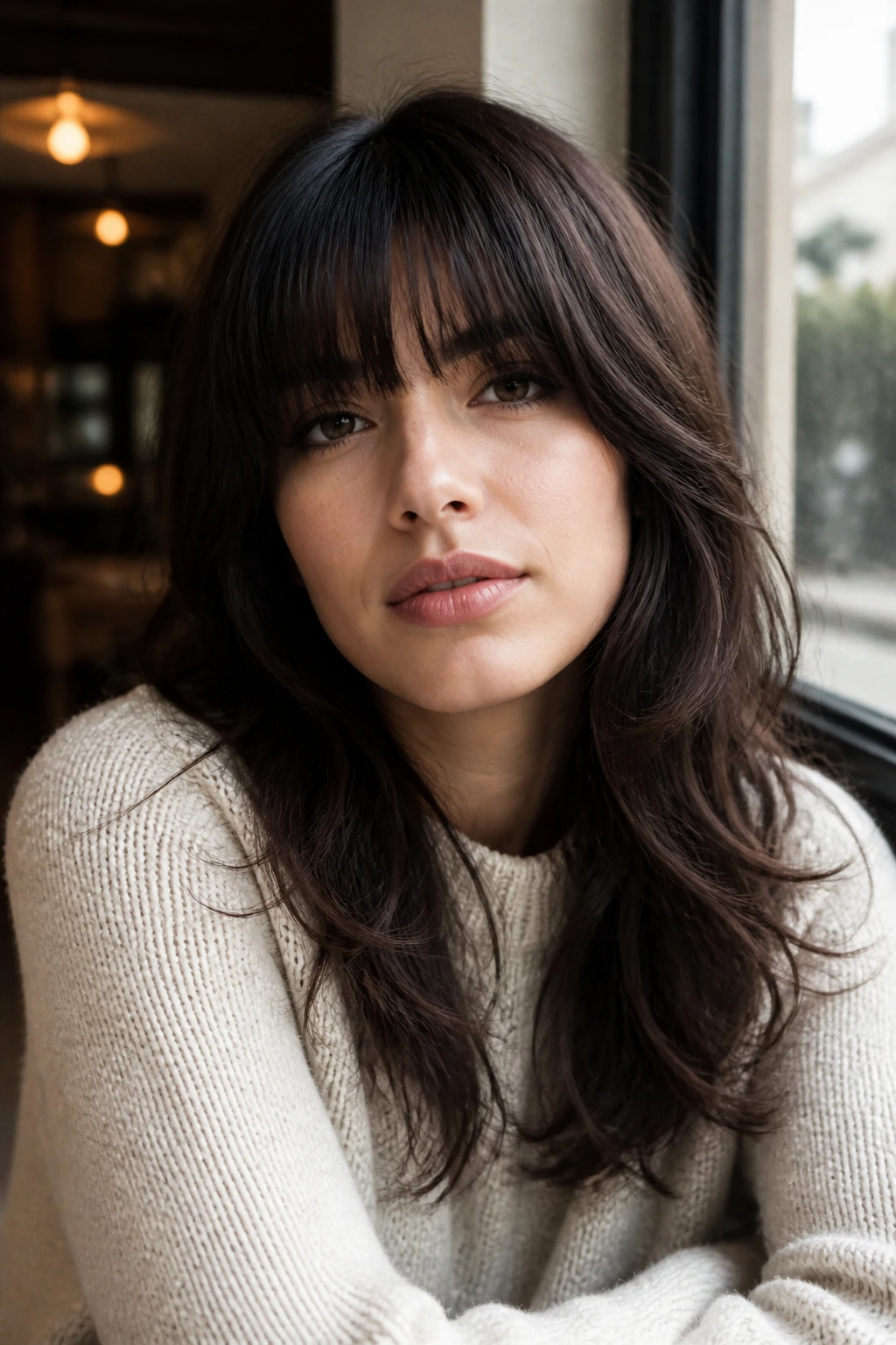Close-up portrait of layered French girl bangs forming a curved frame around the upper face