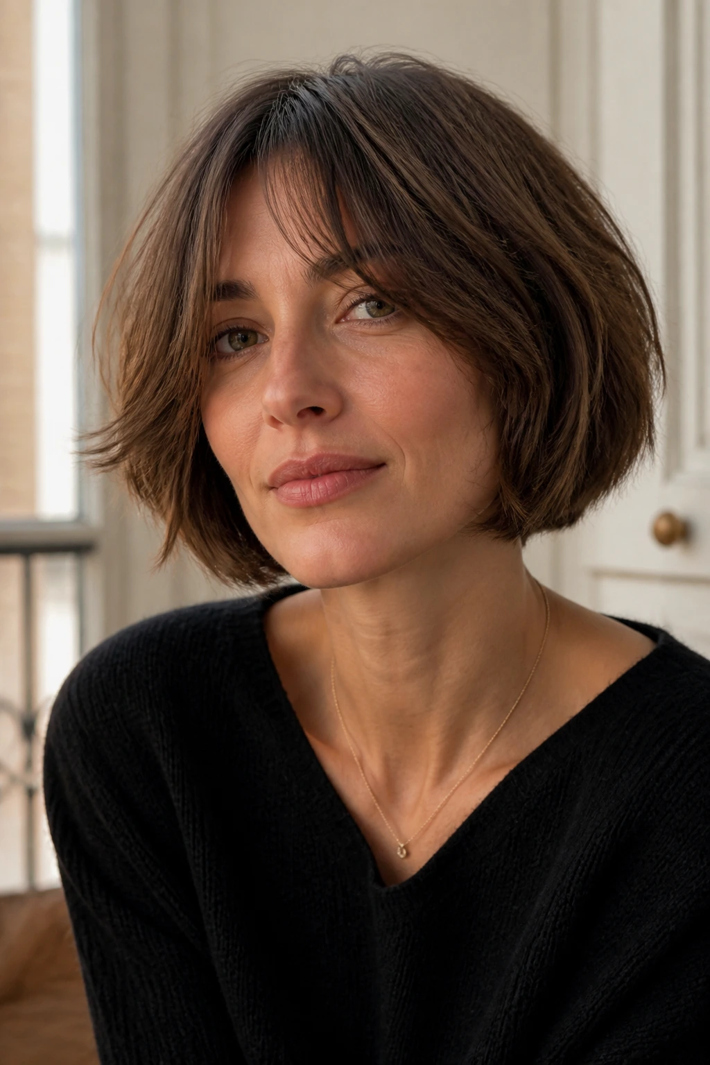 Close-up of a real woman with layered French bob curtain fringe