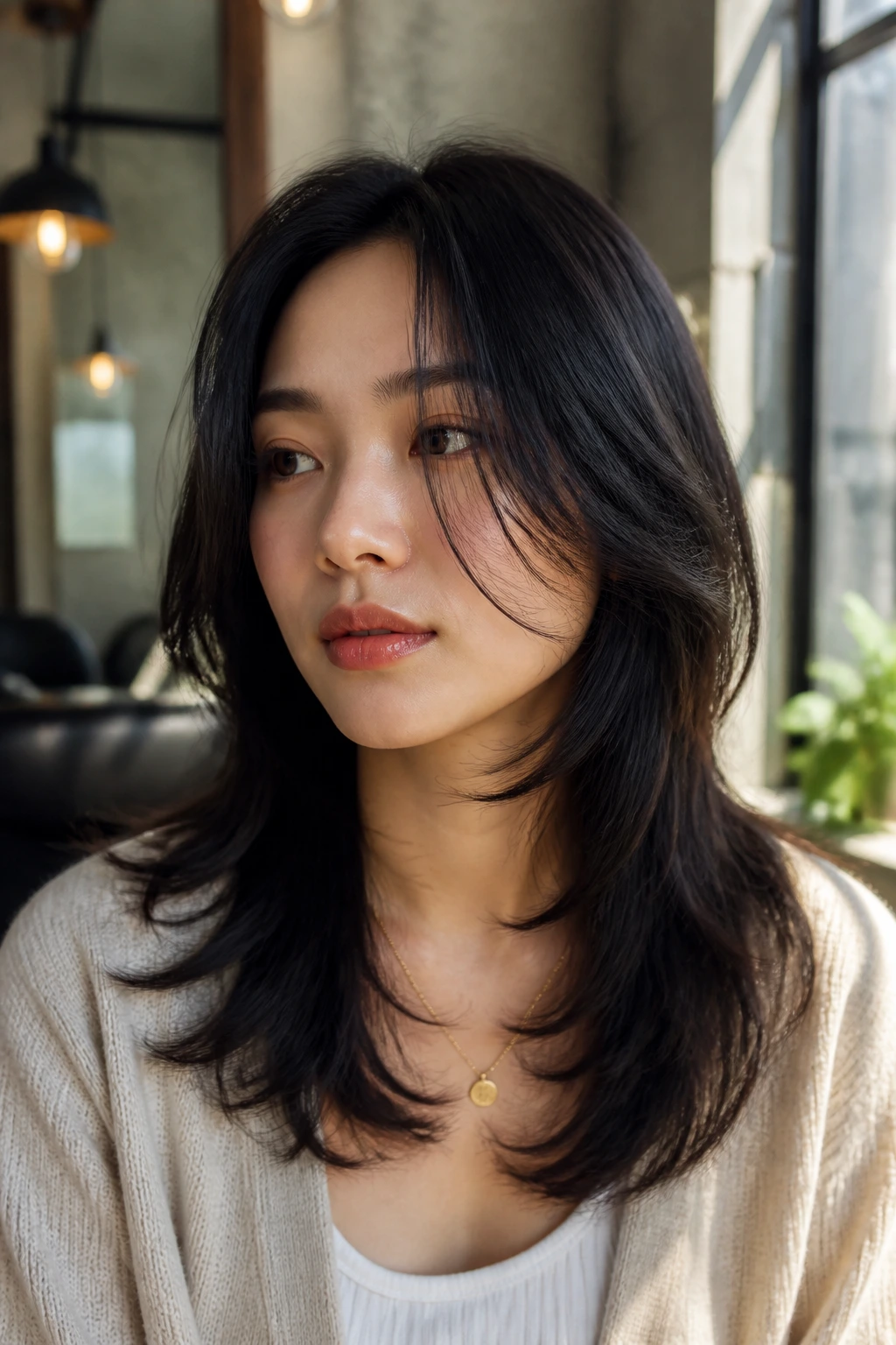 Close-up portrait of a woman with layered haircut showing face-framing layers for curl movement