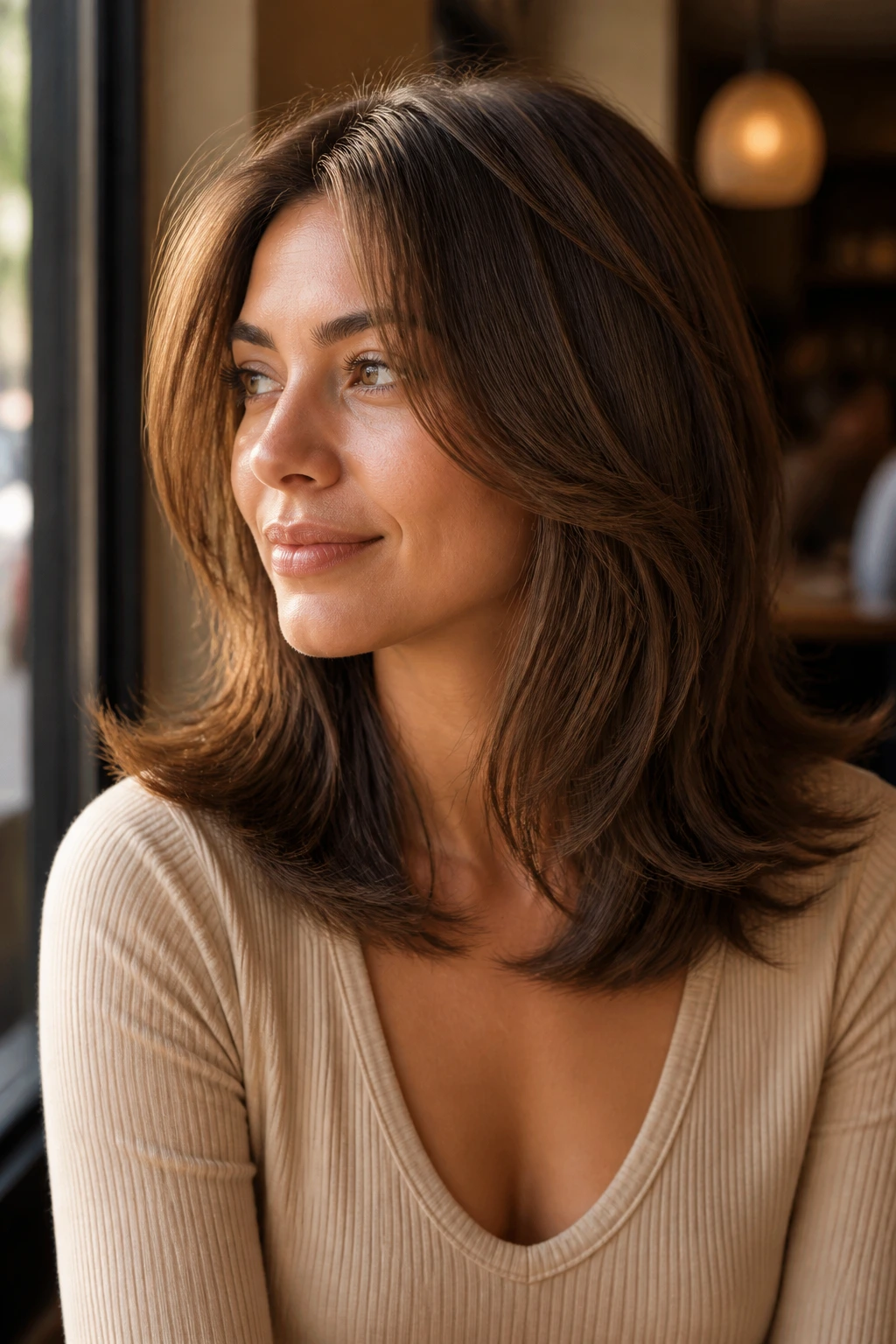 Medium close-up of a real woman with layered shoulder-length hair and flicks at the ends, warm daylight
