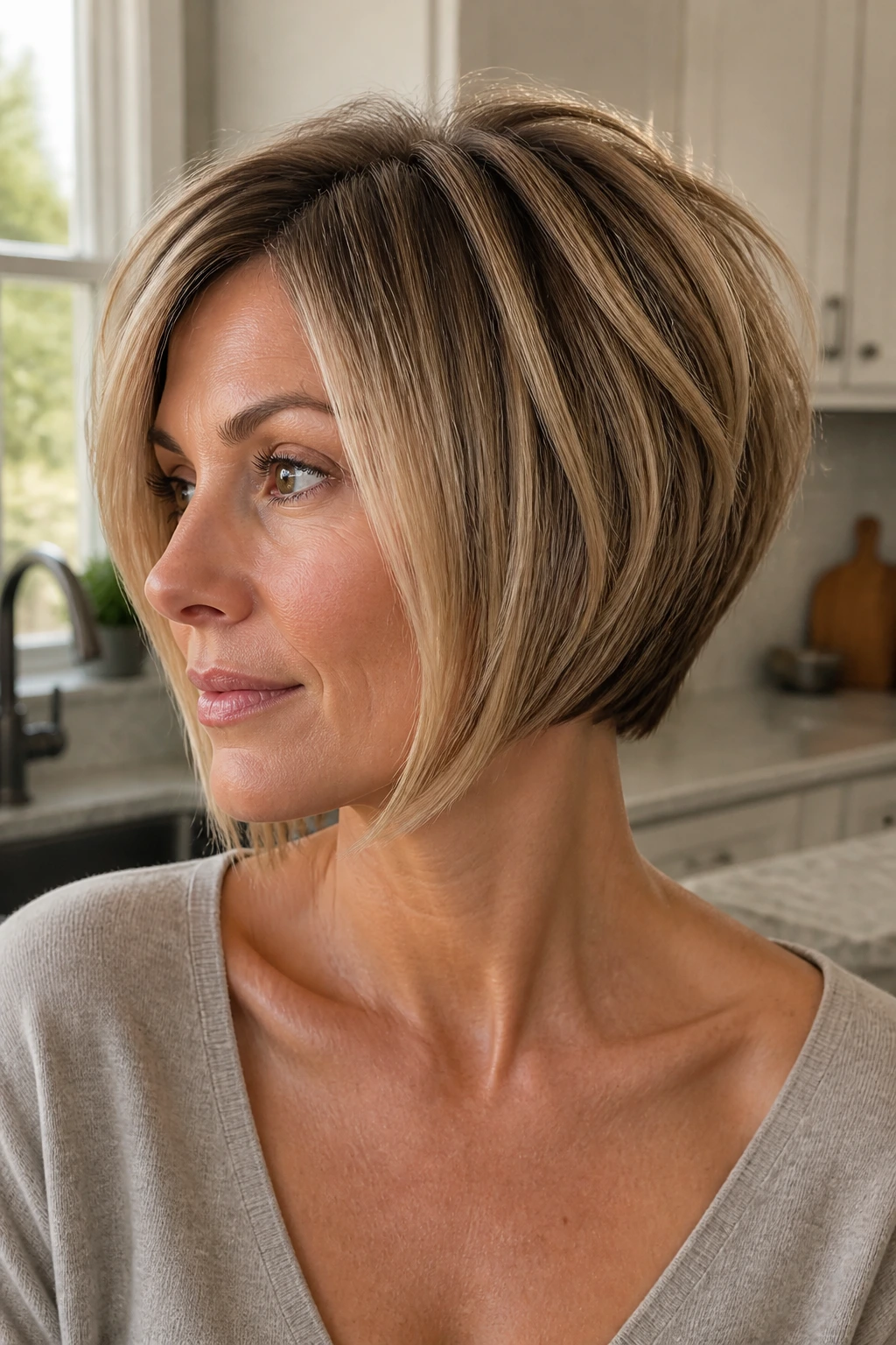 Close-up of a woman with a layered inverted bob showing crown layers.