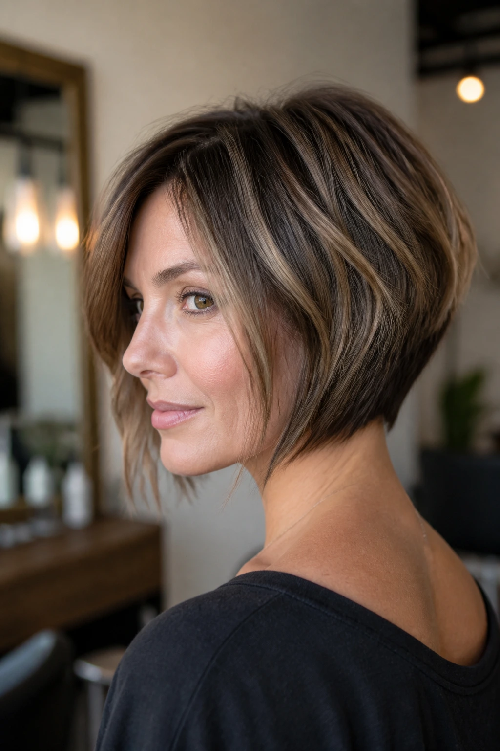Portrait of a real woman with layered inverted bob