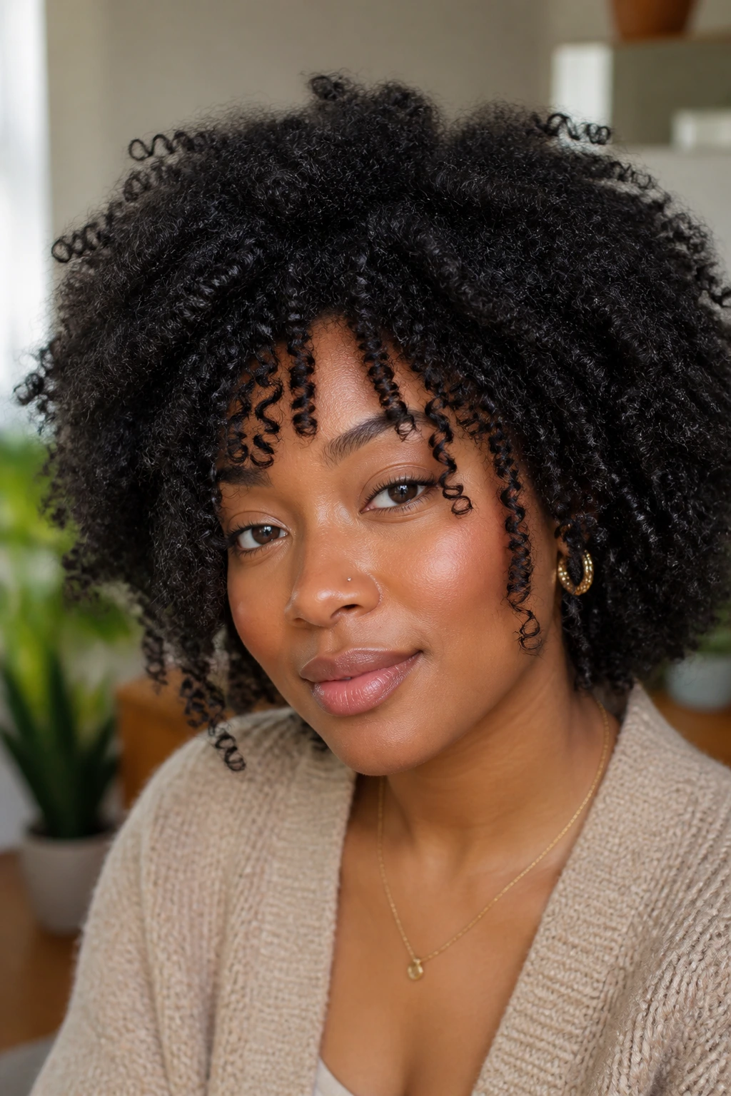 Close-up of a real person with layered kinky coils and face-framing tendrils in natural light