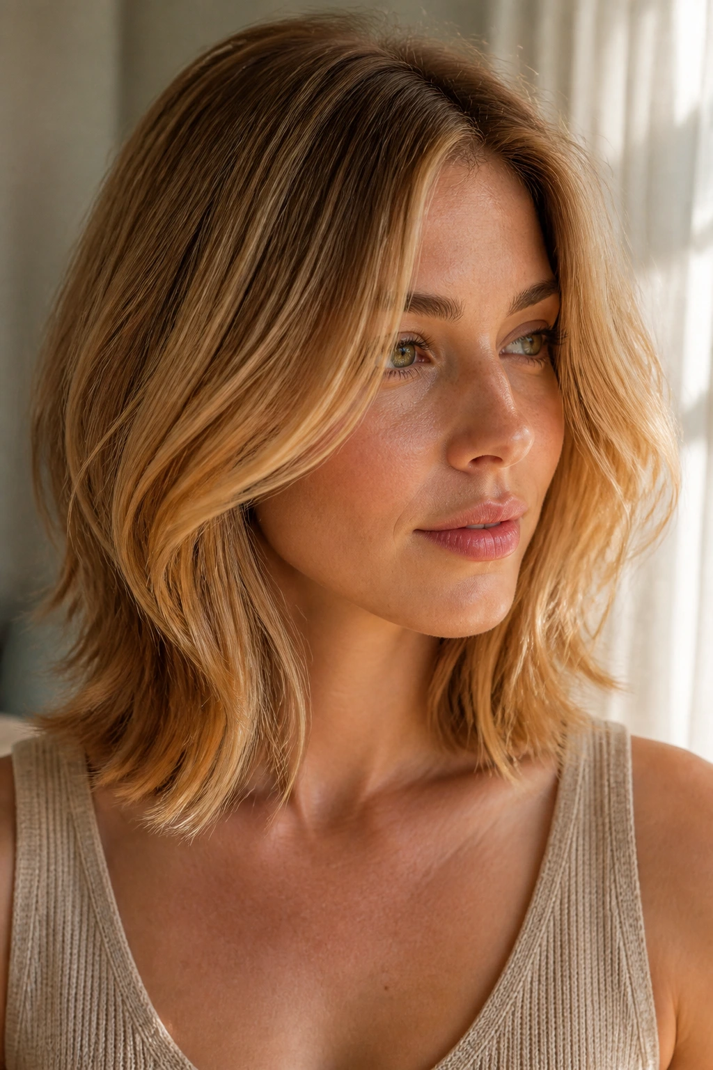 Real-person portrait with layered golden honey lob and warm highlights
