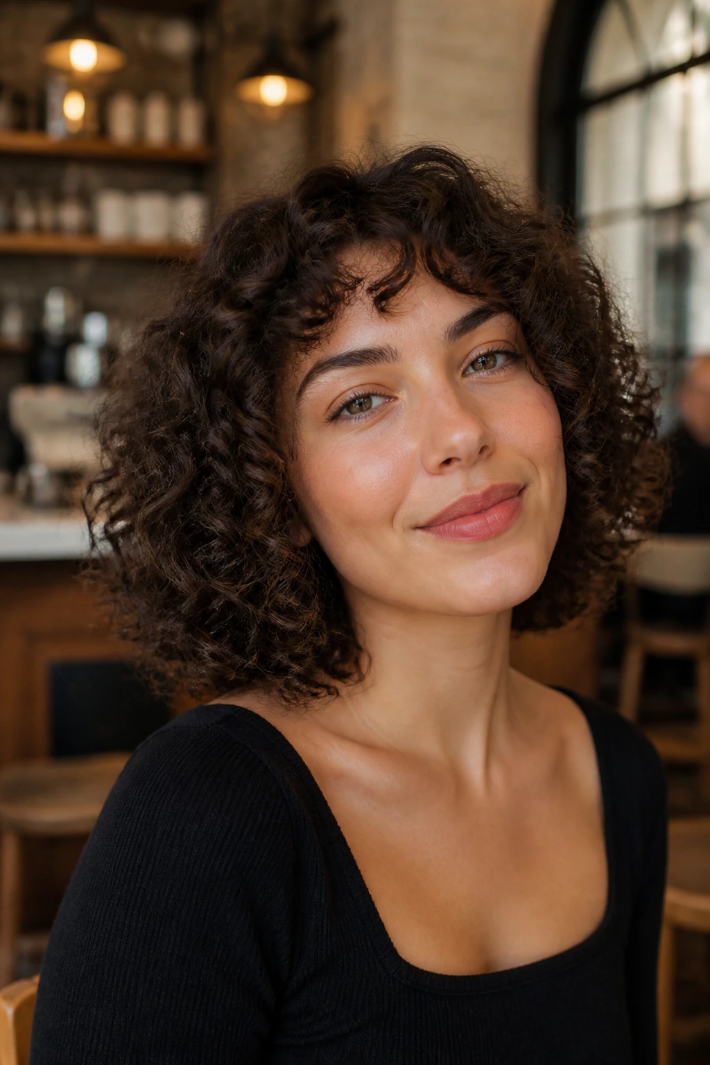 Medium close-up of a layered curly lob with blunt ends on a real person