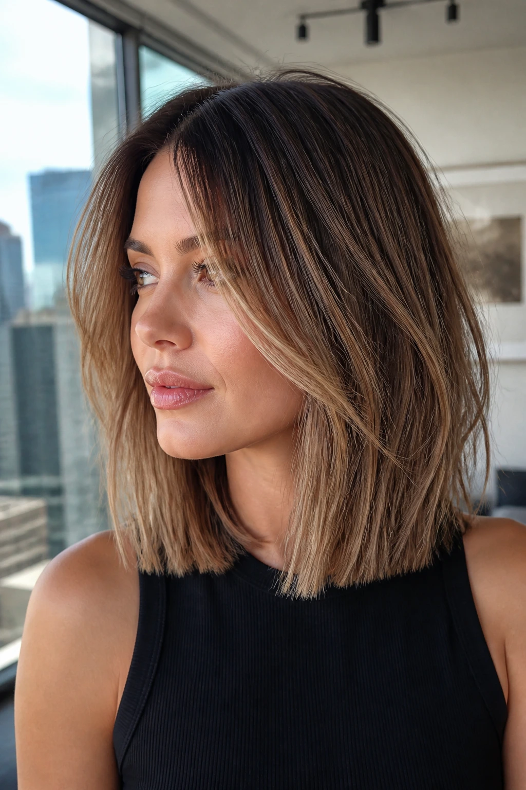 Close-up portrait of a real woman with layered lob and blunt perimeter