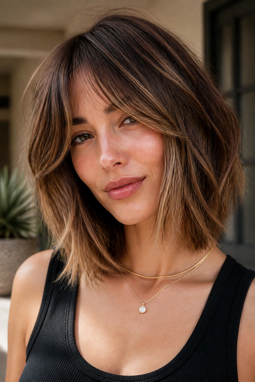 Portrait of a woman with layered collarbone-length lob in daylight.
