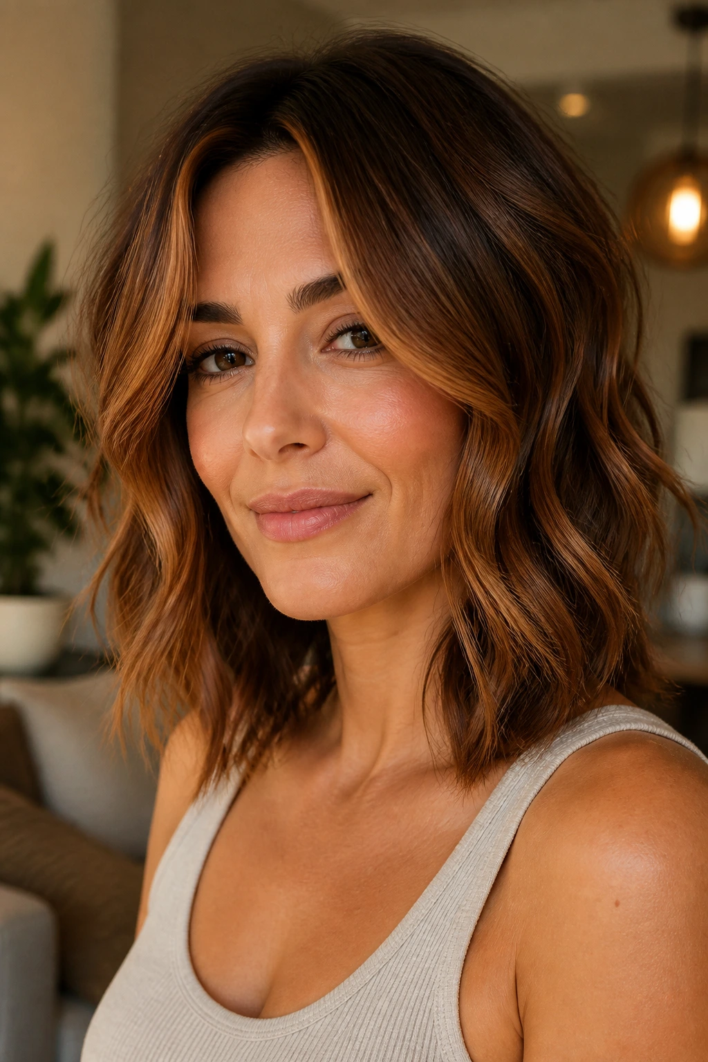 Close-up of a real woman with copper-highlighted layered lob hairstyle.