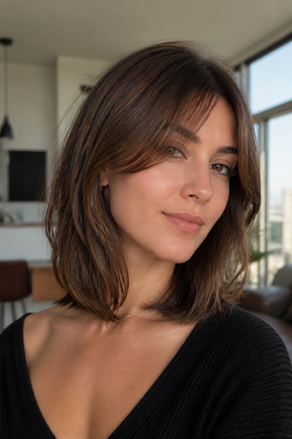Close-up portrait of a person with layered lob and curtain bangs
