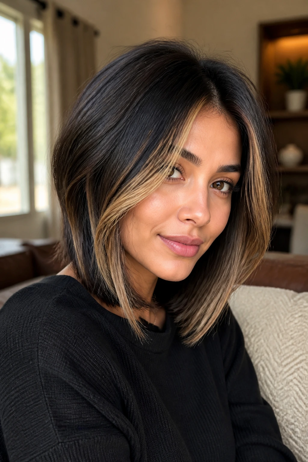 Portrait of a woman with layered lob and face-framing color