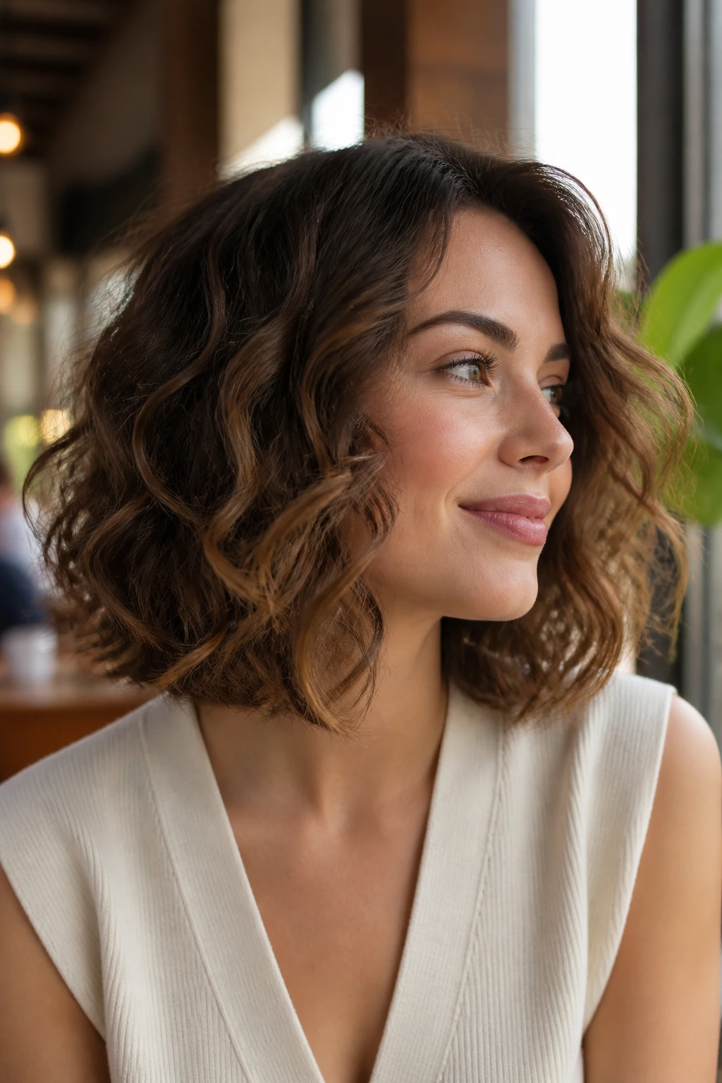 Close-up of a real woman with a layered long bob at collarbone length.