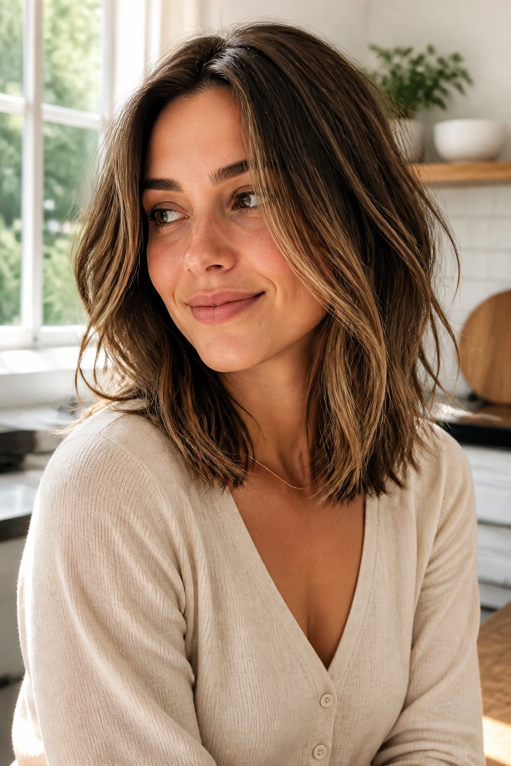 Close-up of a real person with layered long bob cascading over shoulders