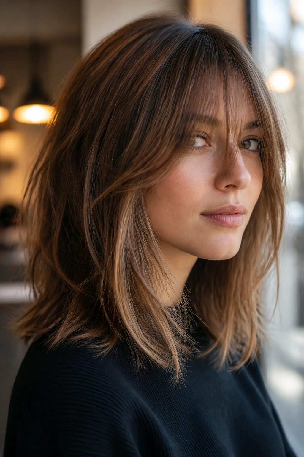 Close-up of a real woman with layered lob and long face-framing fringe in warm light.