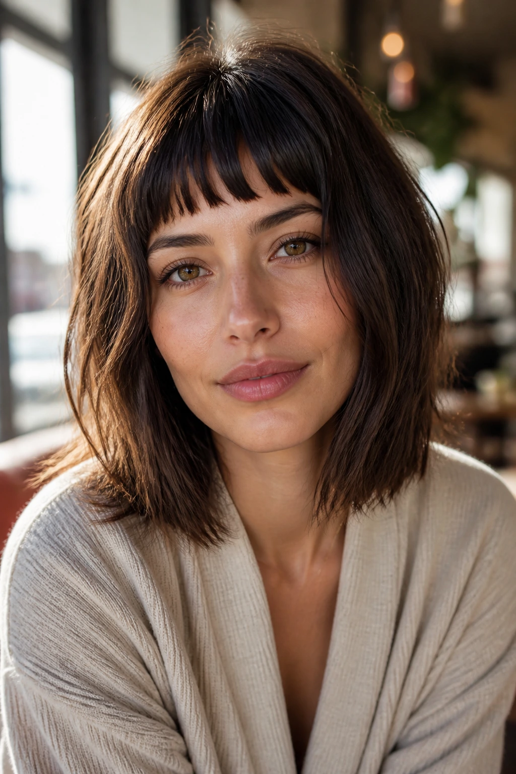 Portrait of a real woman with layered lob and micro-bangs in cafe light.