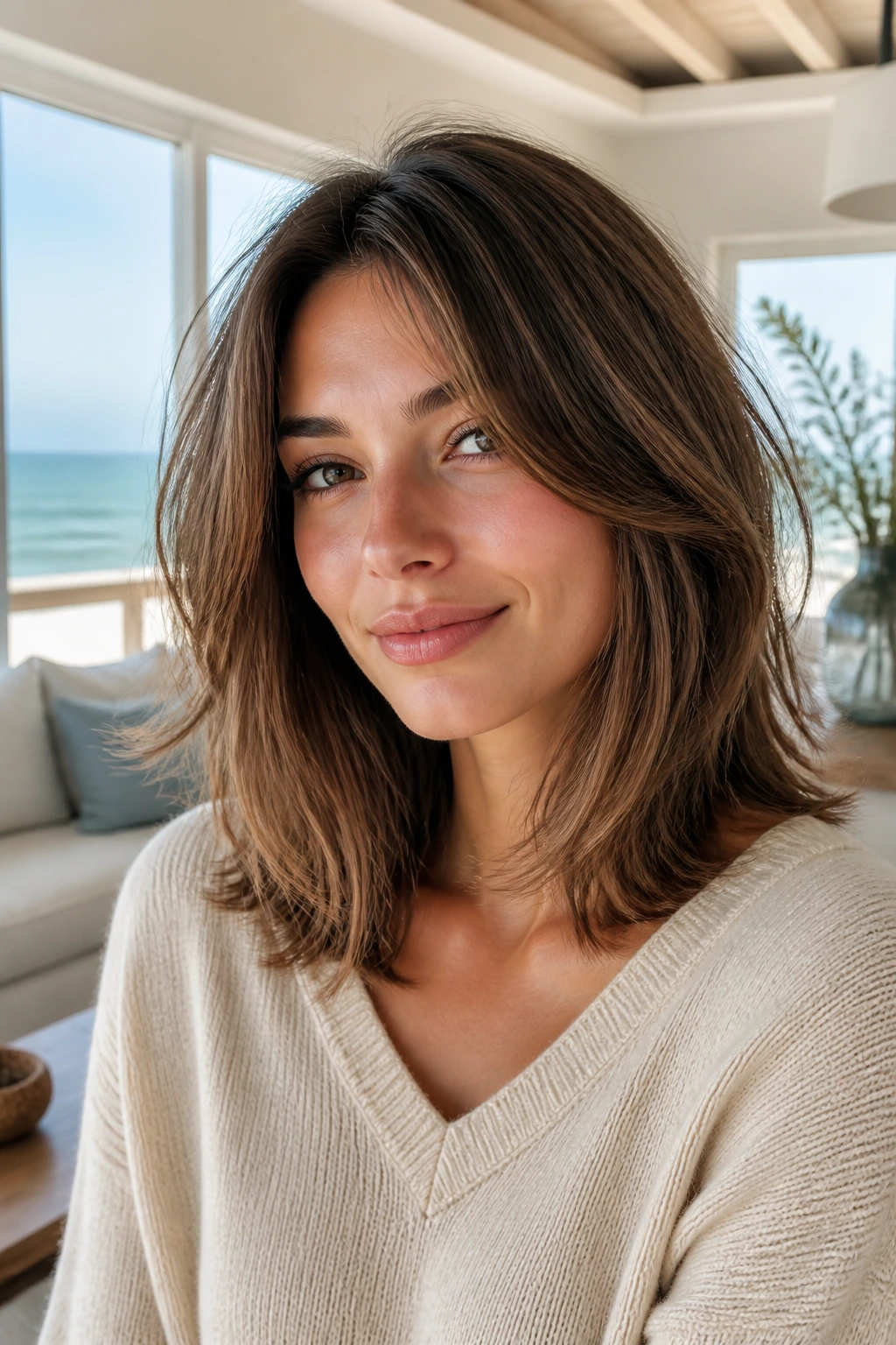 Medium close-up of a woman with softly layered lob and parted bangs in a bright coastal room