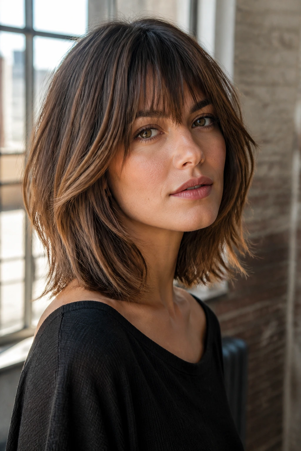 Real woman with layered lob and shaggy fringe