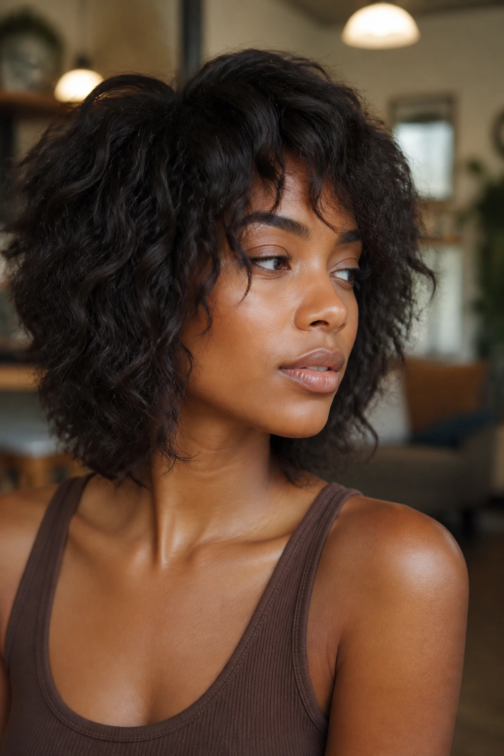 Close-up layered lob with shaggy ends on real person