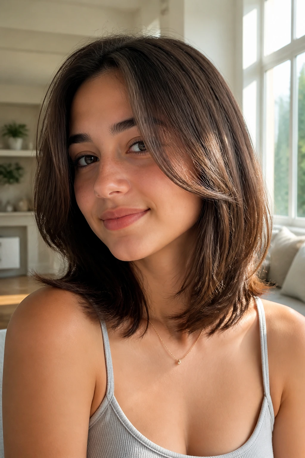 Close-up of a teen with a layered lob and soft layers in sunny window light