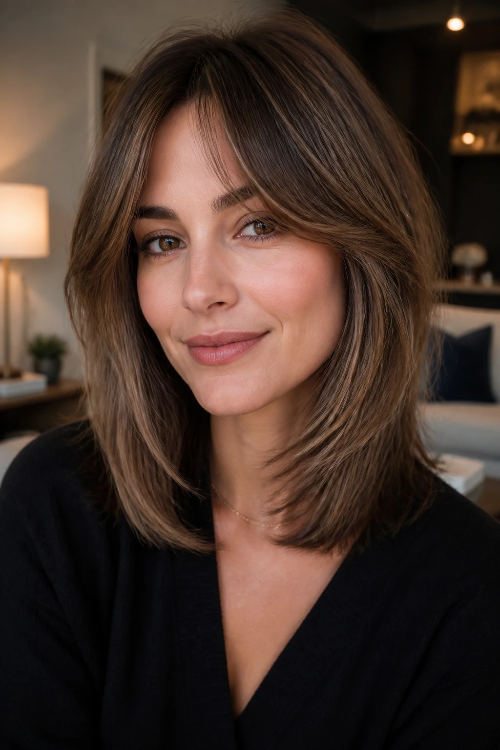 Close-up of a real woman with a layered long bob and curtain bangs in a warm home setting
