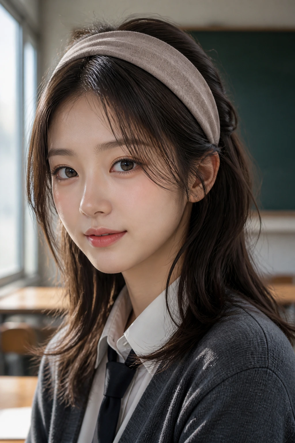 Portrait of a real person wearing a wide headband with layered hair peeking out.