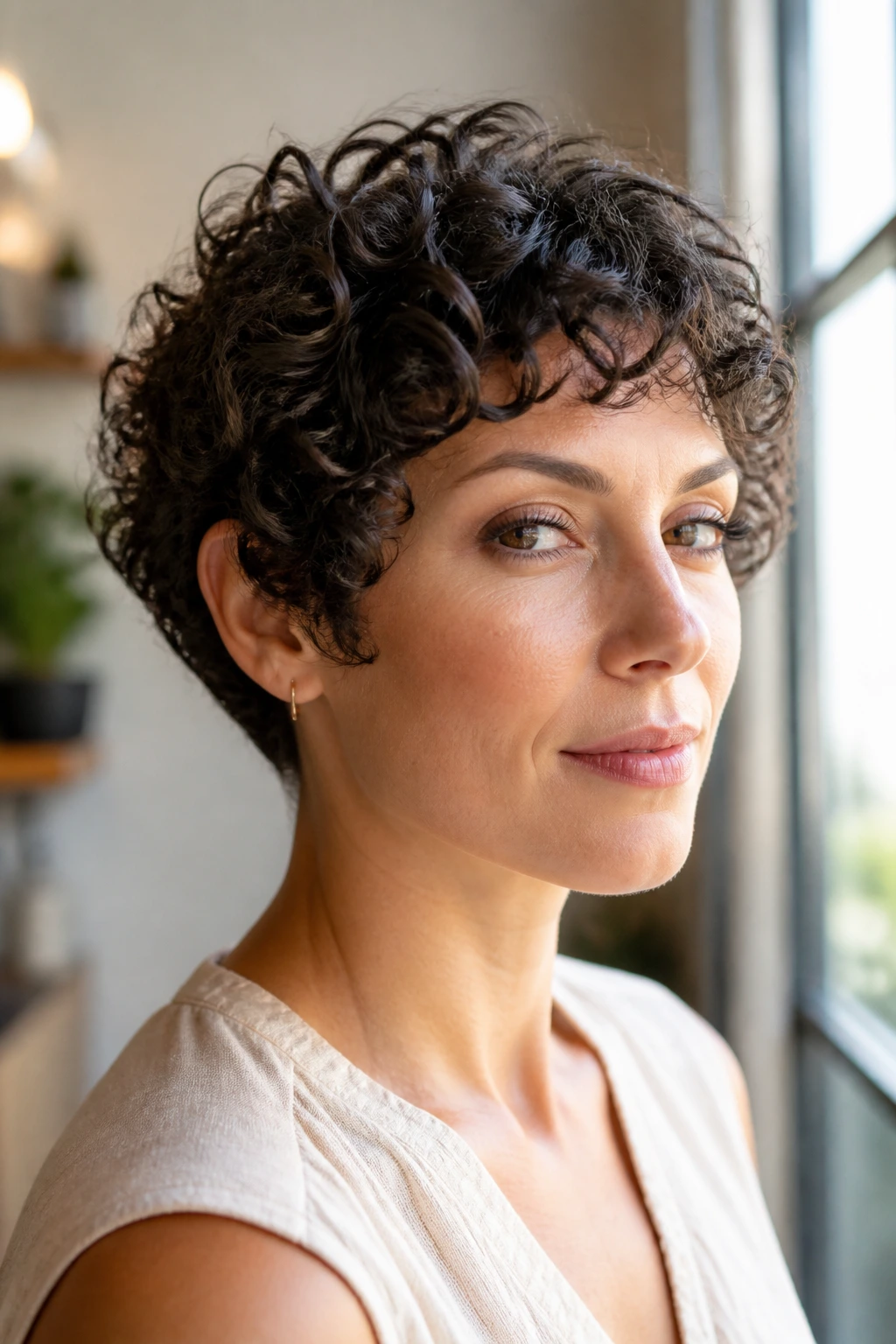 Close-up of a woman with a layered micro-bob by a window