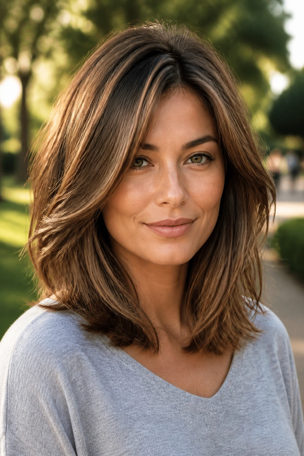 Woman with layered mid-length hair and volume