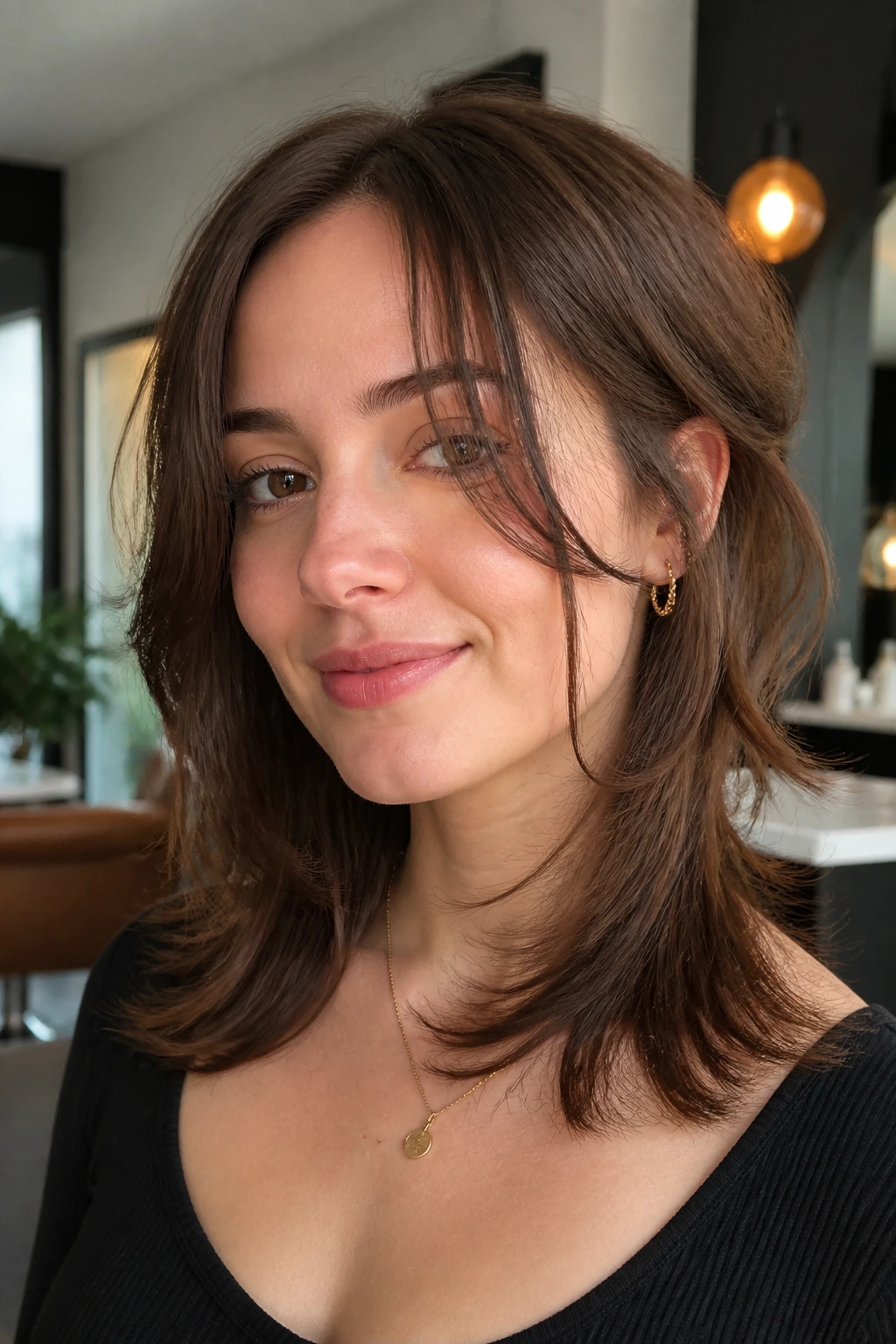 Portrait of woman with layered midi cut and tendrils around jawline
